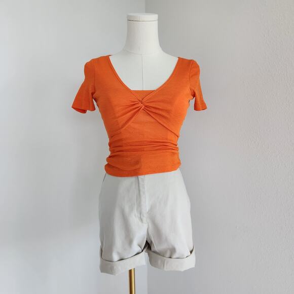 Lucca Orange Twist Front Short Sleeve Stretch Tee Micro Rib Knit Top XS - Picture 1 of 7